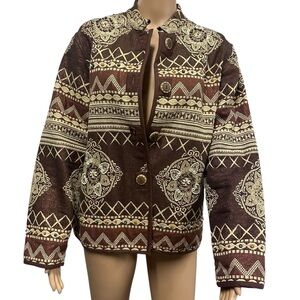 Vintage Flashback Brown Bronze Tapestry Print with Beads Button Up Jacket Large